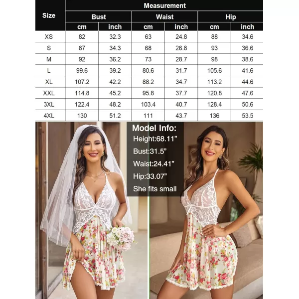 Avidlove Lingerie for Women Lace Babydoll Halter Chemise V Neck Nightgown Sexy Sleepwear NightdressWhite Floral