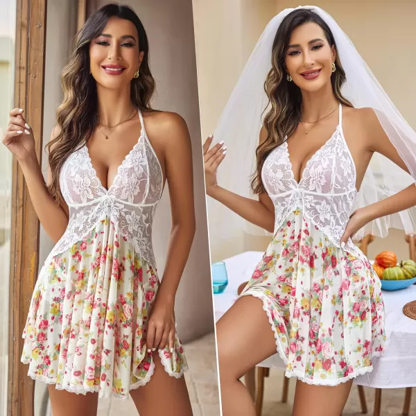 Avidlove Lingerie for Women Lace Babydoll Halter Chemise V Neck Nightgown Sexy Sleepwear NightdressWhite Floral