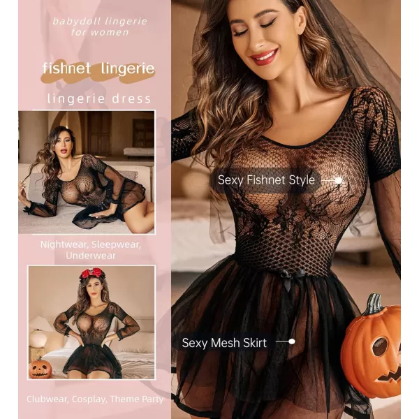 Avidlove Lingerie for Women Lace Babydoll Lingerie Dress Sexy Long Sleeve Lingerie Nightwear Chemise NightieBlack