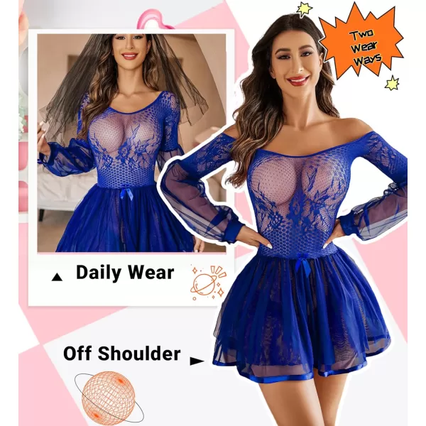 Avidlove Lingerie for Women Lace Babydoll Lingerie Dress Sexy Long Sleeve Lingerie Nightwear Chemise NightieBlue