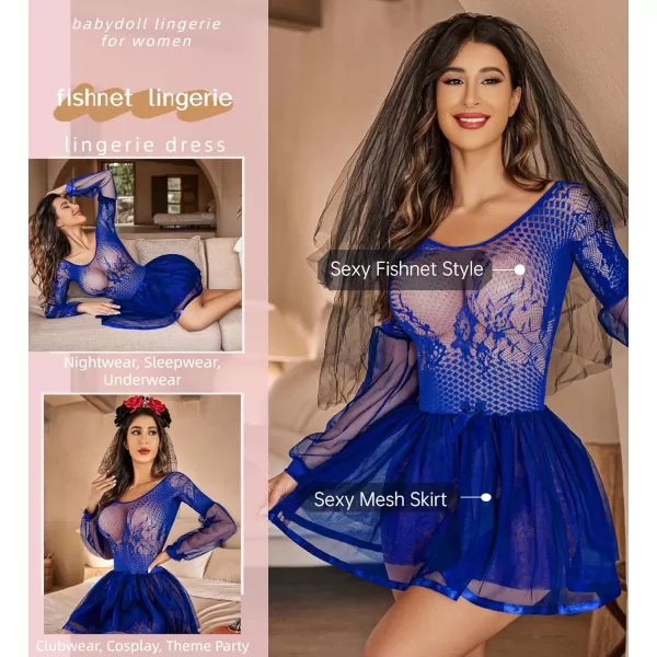 Avidlove Lingerie for Women Lace Babydoll Lingerie Dress Sexy Long Sleeve Lingerie Nightwear Chemise NightieBlue