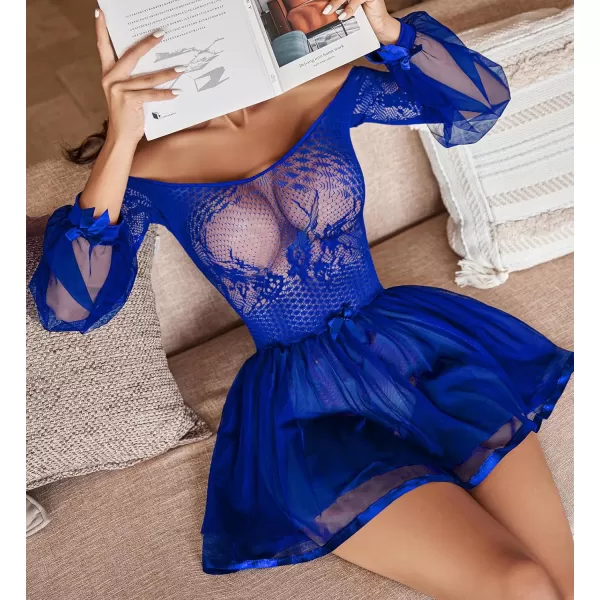 Avidlove Lingerie for Women Lace Babydoll Lingerie Dress Sexy Long Sleeve Lingerie Nightwear Chemise NightieBlue