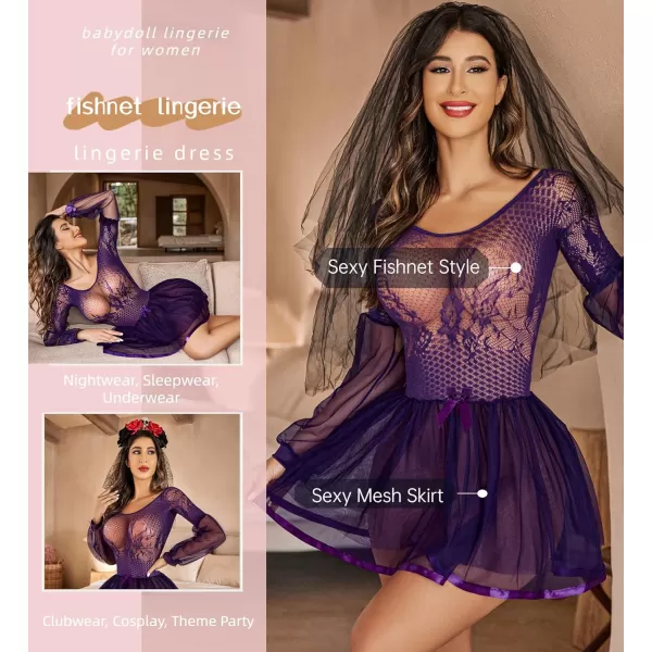 Avidlove Lingerie for Women Lace Babydoll Lingerie Dress Sexy Long Sleeve Lingerie Nightwear Chemise NightiePurple