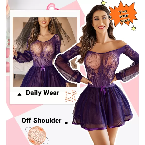 Avidlove Lingerie for Women Lace Babydoll Lingerie Dress Sexy Long Sleeve Lingerie Nightwear Chemise NightiePurple