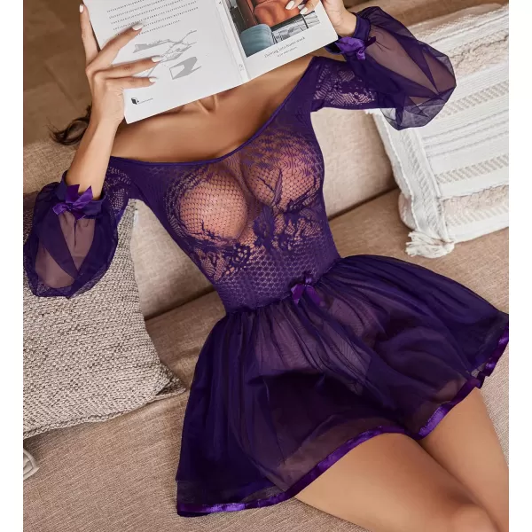 Avidlove Lingerie for Women Lace Babydoll Lingerie Dress Sexy Long Sleeve Lingerie Nightwear Chemise NightiePurple