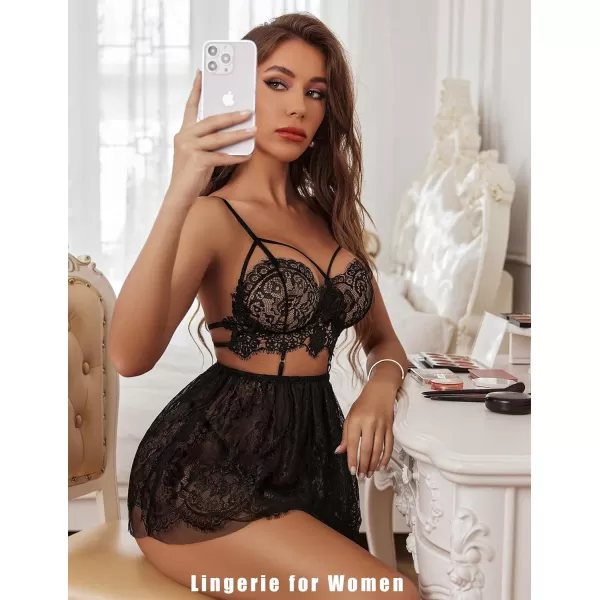 Avidlove Lingerie for Women Lace Babydoll Mesh Nightwear Chemise Nightie1black