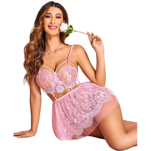 Avidlove Lingerie for Women Lace Babydoll Mesh Nightwear Chemise NightiePink