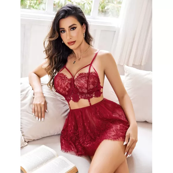 Avidlove Lingerie for Women Lace Babydoll Mesh Nightwear Chemise NightieWine Red