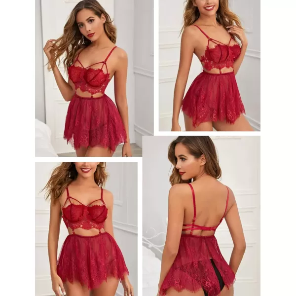 Avidlove Lingerie for Women Lace Babydoll Mesh Nightwear Chemise NightieWine Red