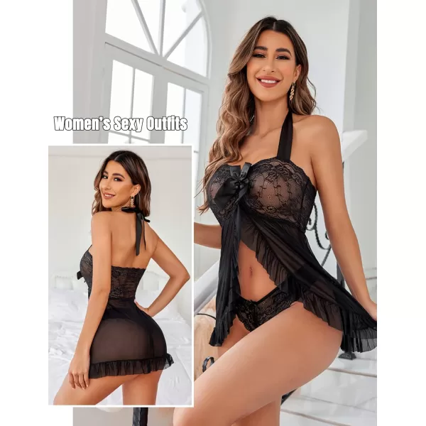 Avidlove Lingerie for Women Lace Babydoll Open Front Sleepwear Halter Nighty Chemsie XS5XLA Dark Black