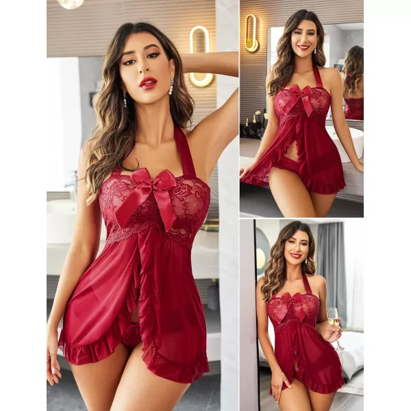 Avidlove Lingerie for Women Lace Babydoll Open Front Sleepwear Halter Nighty Chemsie XS5XLA Dark Red