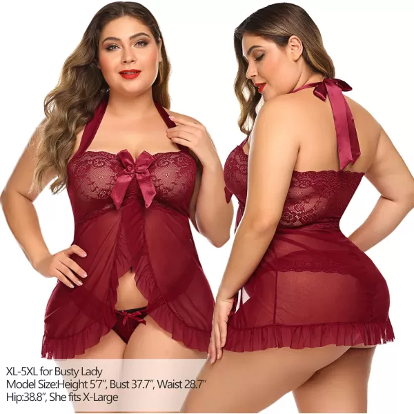 Avidlove Lingerie for Women Lace Babydoll Open Front Sleepwear Halter Nighty Chemsie XS5XLA Dark Red