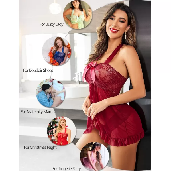 Avidlove Lingerie for Women Lace Babydoll Open Front Sleepwear Halter Nighty Chemsie XS5XLA Dark Red