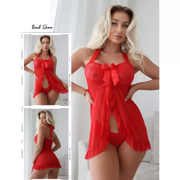 Avidlove Lingerie for Women Lace Babydoll Open Front Sleepwear Halter Nighty Chemsie XS5XLA Hot Red