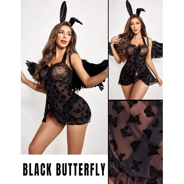 Avidlove Lingerie for Women Lace Babydoll Open Front Sleepwear Halter Nighty Chemsie XS5XLBlack Butterfly