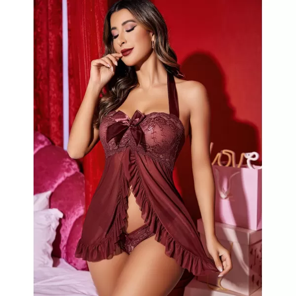 Avidlove Lingerie for Women Lace Babydoll Open Front Sleepwear Halter Nighty Chemsie XS5XLBurgundy