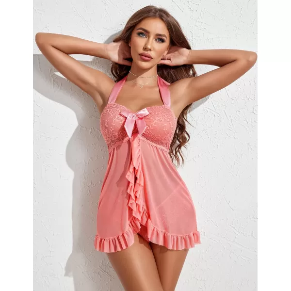 Avidlove Lingerie for Women Lace Babydoll Open Front Sleepwear Halter Nighty Chemsie XS5XLCoral Pink