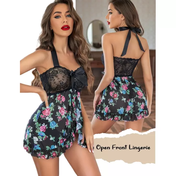 Avidlove Lingerie for Women Lace Babydoll Open Front Sleepwear Halter Nighty Chemsie XS5XLFloral Black