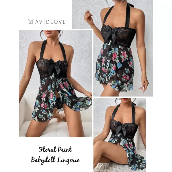 Avidlove Lingerie for Women Lace Babydoll Open Front Sleepwear Halter Nighty Chemsie XS5XLFloral Black