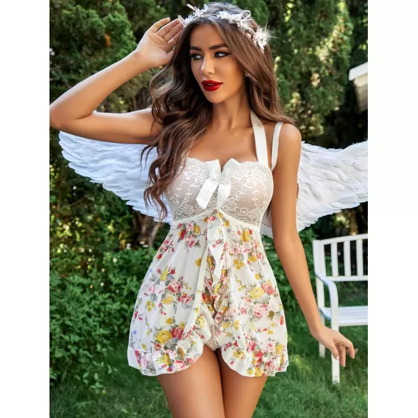 Avidlove Lingerie for Women Lace Babydoll Open Front Sleepwear Halter Nighty Chemsie XS5XLFloral White