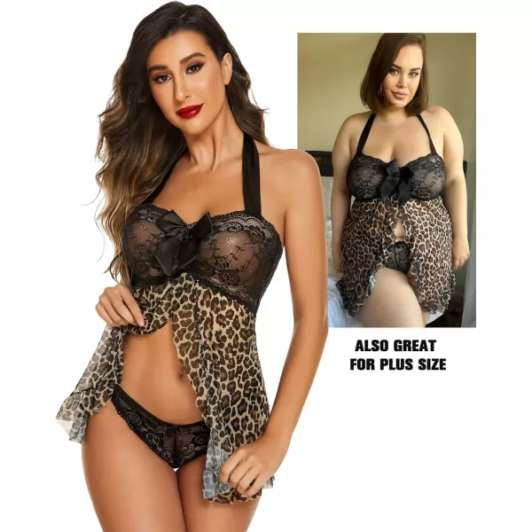 Avidlove Lingerie for Women Lace Babydoll Open Front Sleepwear Halter Nighty Chemsie XS5XLLeopard Print