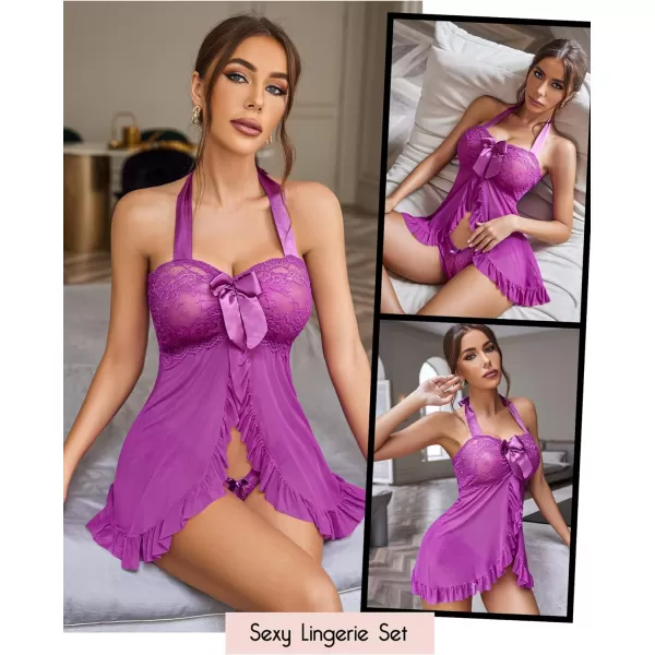 Avidlove Lingerie for Women Lace Babydoll Open Front Sleepwear Halter Nighty Chemsie XS5XLLight Purple