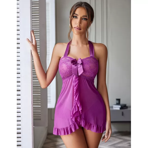 Avidlove Lingerie for Women Lace Babydoll Open Front Sleepwear Halter Nighty Chemsie XS5XLLight Purple