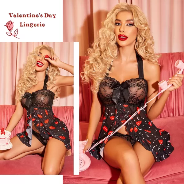 Avidlove Lingerie for Women Lace Babydoll Open Front Sleepwear Halter Nighty Chemsie XS5XLLip Print