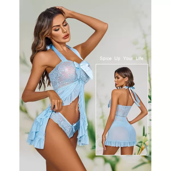 Avidlove Lingerie for Women Lace Babydoll Open Front Sleepwear Halter Nighty Chemsie XS5XLSky Blue