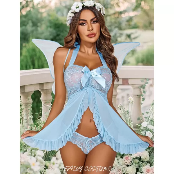 Avidlove Lingerie for Women Lace Babydoll Open Front Sleepwear Halter Nighty Chemsie XS5XLSky Blue