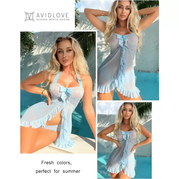 Avidlove Lingerie for Women Lace Babydoll Open Front Sleepwear Halter Nighty Chemsie XS5XLSky Blue