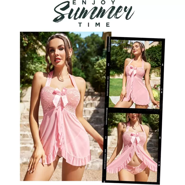 Avidlove Lingerie for Women Lace Babydoll Open Front Sleepwear Halter Nighty Chemsie XS5XLSweet Pink