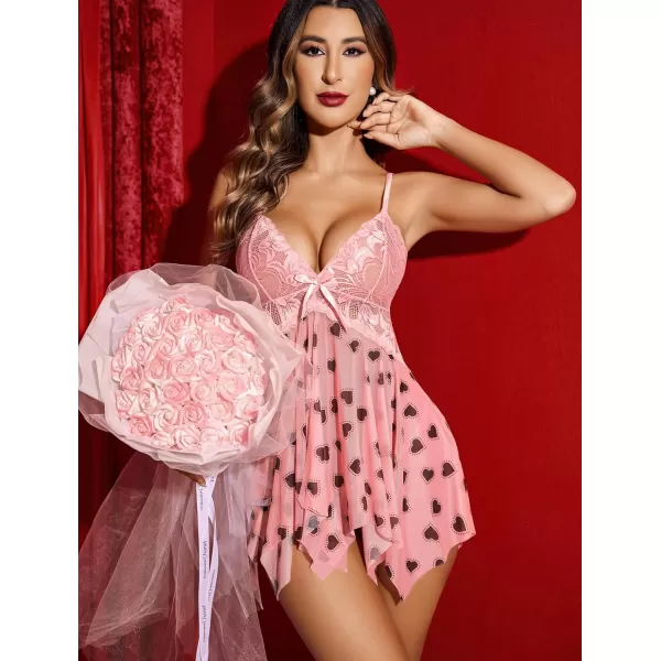 Avidlove Lingerie for Women Lace Babydoll Sleepwear Boudoir Outfits Plus Size Langeray XS5XLPink Heart Print