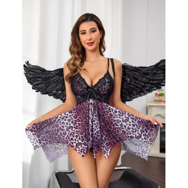 Avidlove Lingerie for Women Lace Babydoll Sleepwear Boudoir Outfits Plus Size Langeray XS5XLPurple Leopard