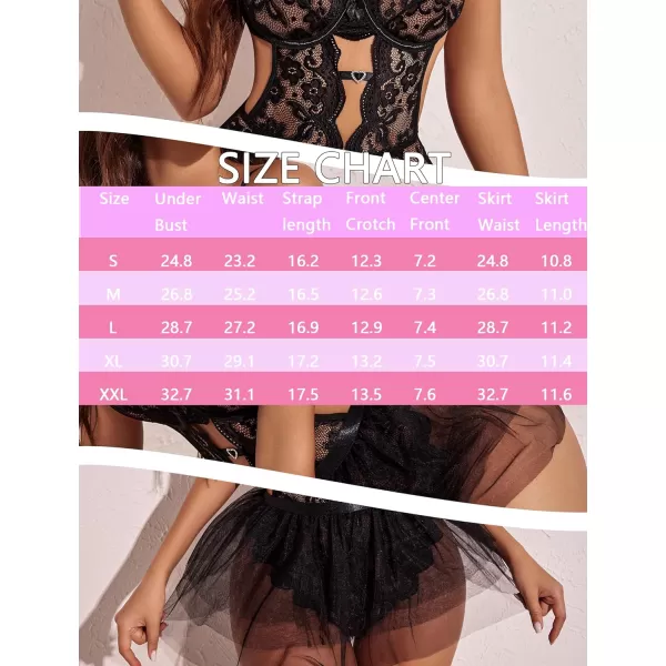 Avidlove Lingerie for Women Lace Bodysuit with Detachable Mesh Mini Skirt Push Up Teddy Lingerie SetBlack