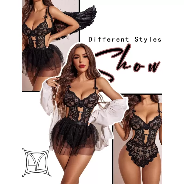 Avidlove Lingerie for Women Lace Bodysuit with Detachable Mesh Mini Skirt Push Up Teddy Lingerie SetBlack