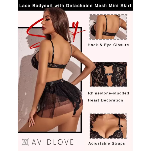 Avidlove Lingerie for Women Lace Bodysuit with Detachable Mesh Mini Skirt Push Up Teddy Lingerie SetBlack