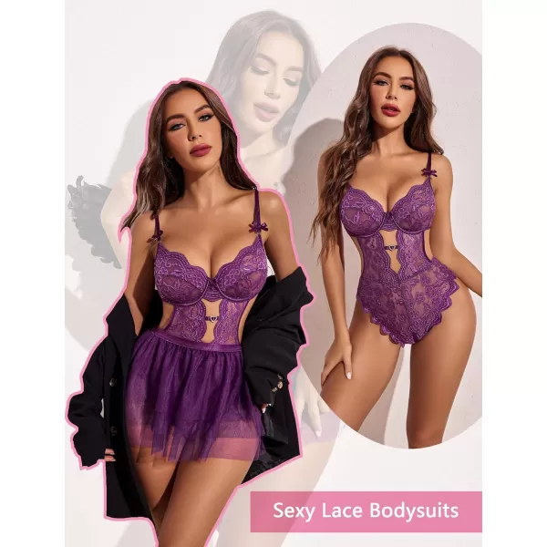 Avidlove Lingerie for Women Lace Bodysuit with Detachable Mesh Mini Skirt Push Up Teddy Lingerie SetPurple