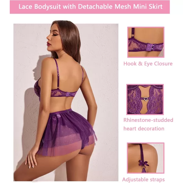 Avidlove Lingerie for Women Lace Bodysuit with Detachable Mesh Mini Skirt Push Up Teddy Lingerie SetPurple