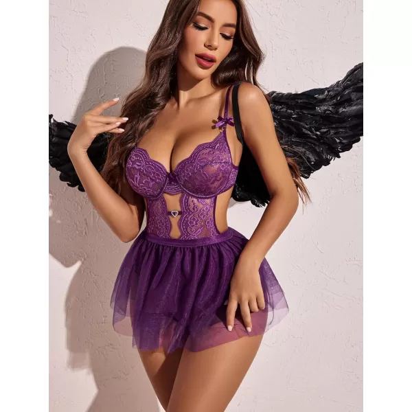 Avidlove Lingerie for Women Lace Bodysuit with Detachable Mesh Mini Skirt Push Up Teddy Lingerie SetPurple