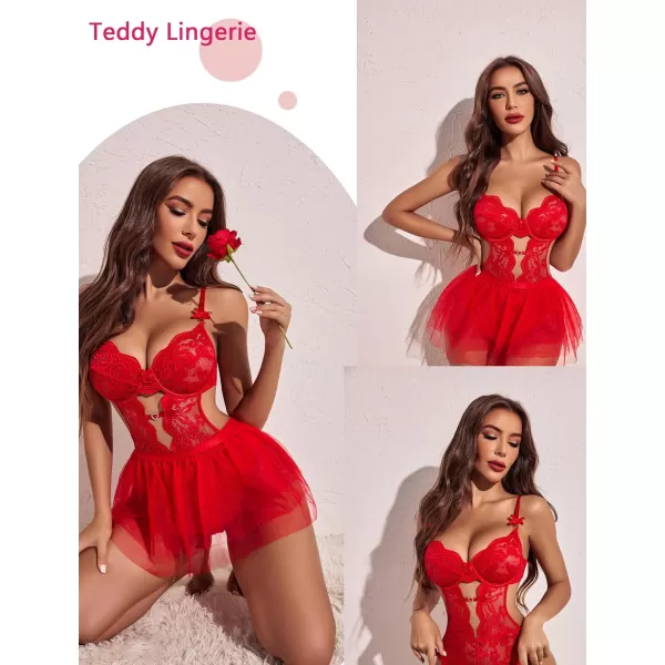 Avidlove Lingerie for Women Lace Bodysuit with Detachable Mesh Mini Skirt Push Up Teddy Lingerie SetRed