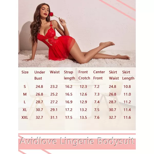 Avidlove Lingerie for Women Lace Bodysuit with Detachable Mesh Mini Skirt Push Up Teddy Lingerie SetRed