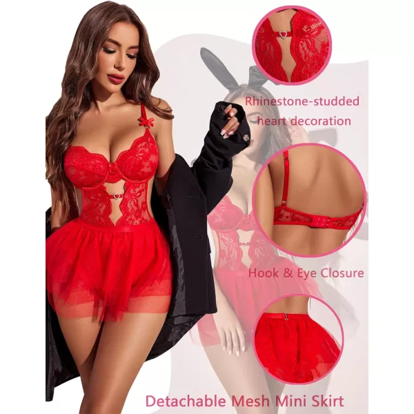 Avidlove Lingerie for Women Lace Bodysuit with Detachable Mesh Mini Skirt Push Up Teddy Lingerie SetRed