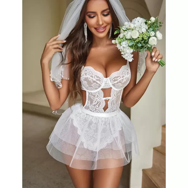 Avidlove Lingerie for Women Lace Bodysuit with Detachable Mesh Mini Skirt Push Up Teddy Lingerie SetWhite