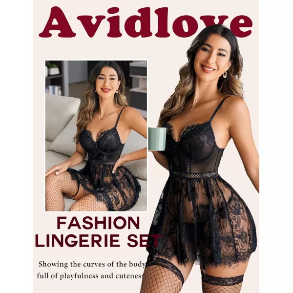 Avidlove Lingerie for Women Lace babydoll Sleepwear with Garter Belt Slip Dress SXXL1black