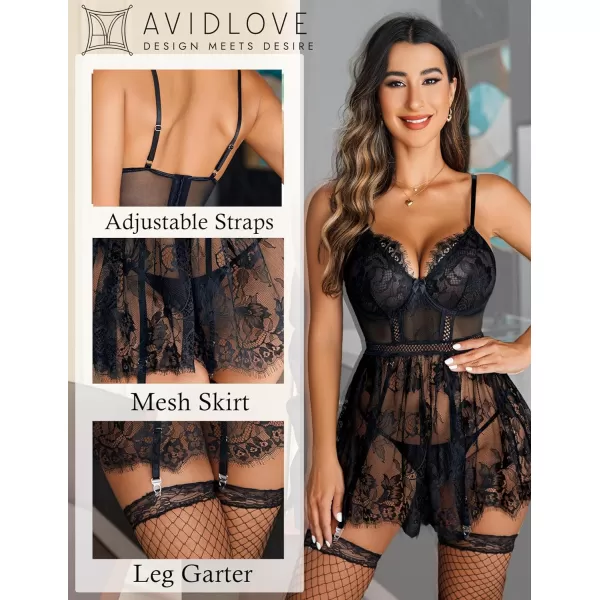 Avidlove Lingerie for Women Lace babydoll Sleepwear with Garter Belt Slip Dress SXXL1black