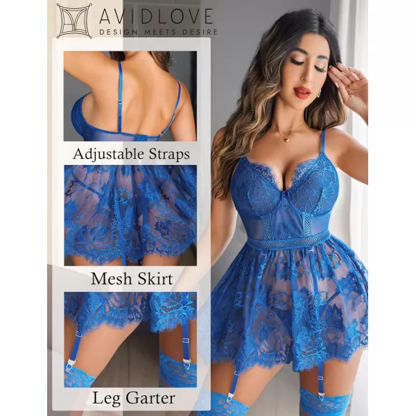 Avidlove Lingerie for Women Lace babydoll Sleepwear with Garter Belt Slip Dress SXXLBlue