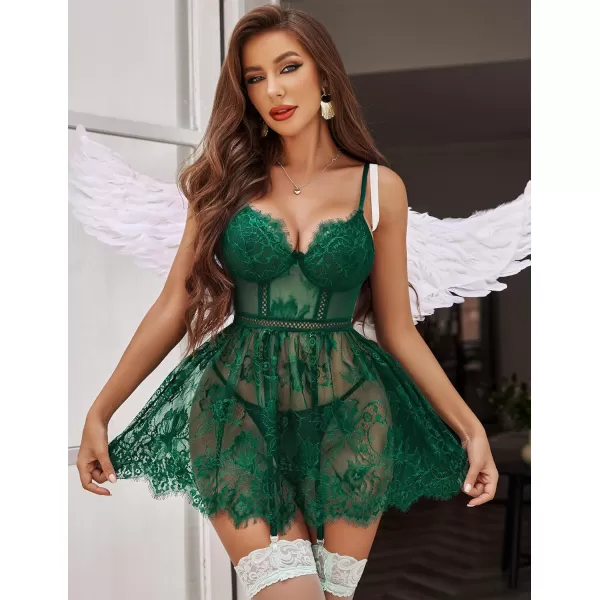 Avidlove Lingerie for Women Lace babydoll Sleepwear with Garter Belt Slip Dress SXXLLake Green