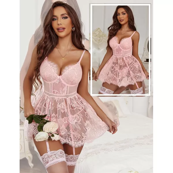 Avidlove Lingerie for Women Lace babydoll Sleepwear with Garter Belt Slip Dress SXXLPink