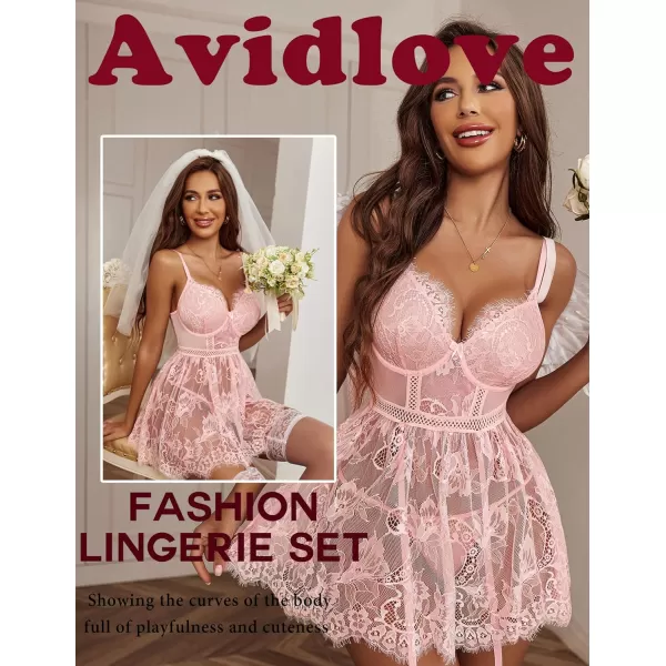 Avidlove Lingerie for Women Lace babydoll Sleepwear with Garter Belt Slip Dress SXXLPink